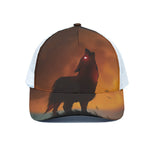 Red Moon Howling Wolf Print White Mesh Trucker Cap