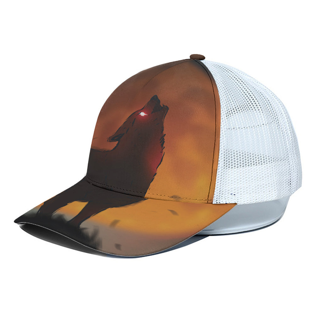 Red Moon Howling Wolf Print White Mesh Trucker Cap