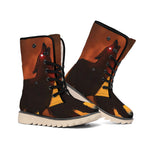 Red Moon Howling Wolf Print Winter Boots