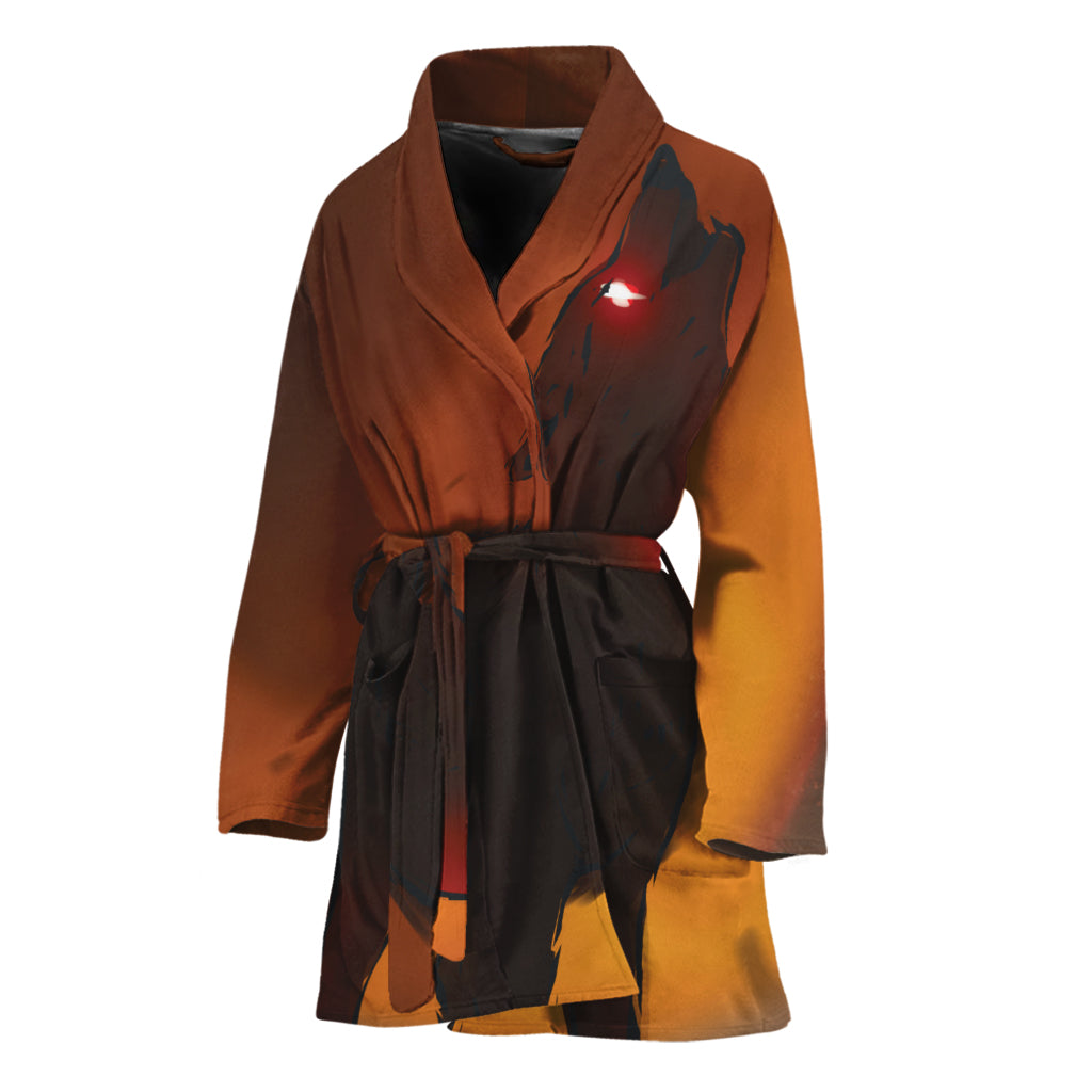 Red Moon Howling Wolf Print Women's Bathrobe