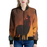 Red Moon Howling Wolf Print Women's Bomber Jacket