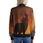 Red Moon Howling Wolf Print Women's Bomber Jacket