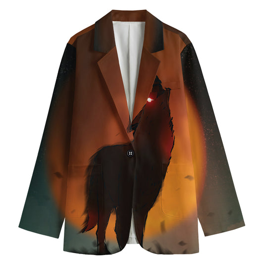 Red Moon Howling Wolf Print Women's Cotton Blazer