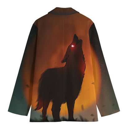 Red Moon Howling Wolf Print Women's Cotton Blazer