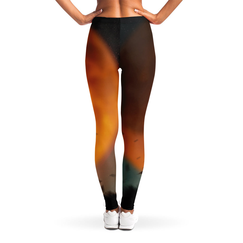 Red Moon Howling Wolf Print Women's Leggings
