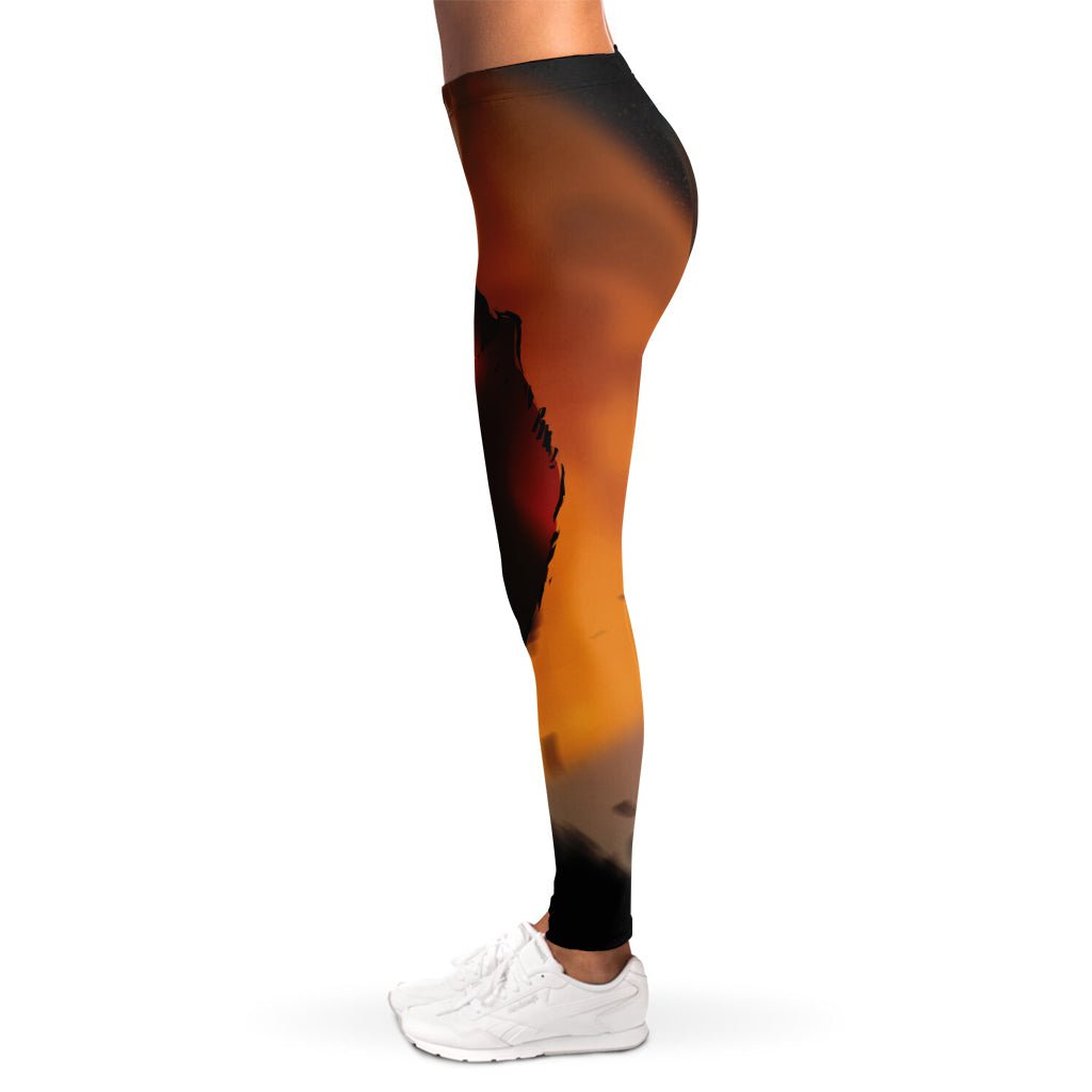 Red Moon Howling Wolf Print Women's Leggings