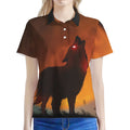 Red Moon Howling Wolf Print Women's Polo Shirt