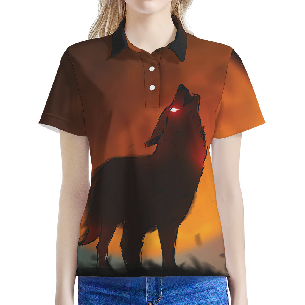Red Moon Howling Wolf Print Women's Polo Shirt