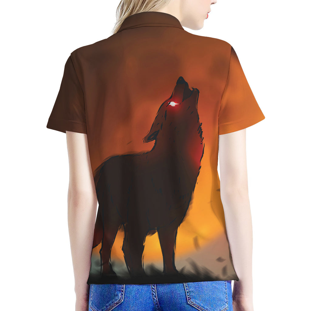 Red Moon Howling Wolf Print Women's Polo Shirt