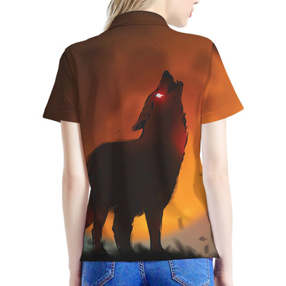 Red Moon Howling Wolf Print Women's Polo Shirt