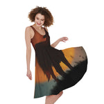 Red Moon Howling Wolf Print Women's Sleeveless Dress