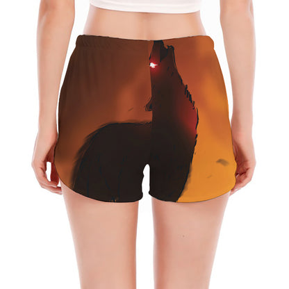 Red Moon Howling Wolf Print Women's Split Running Shorts