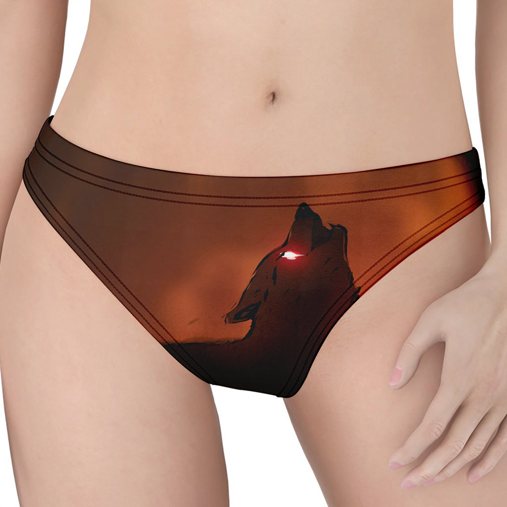 Red Moon Howling Wolf Print Women's Thong