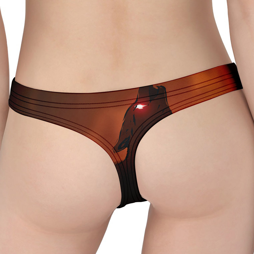 Red Moon Howling Wolf Print Women's Thong