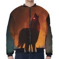 Red Moon Howling Wolf Print Zip Sleeve Bomber Jacket