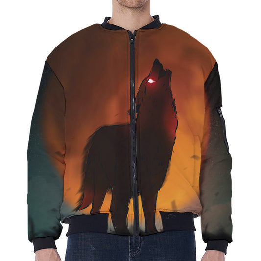 Red Moon Howling Wolf Print Zip Sleeve Bomber Jacket