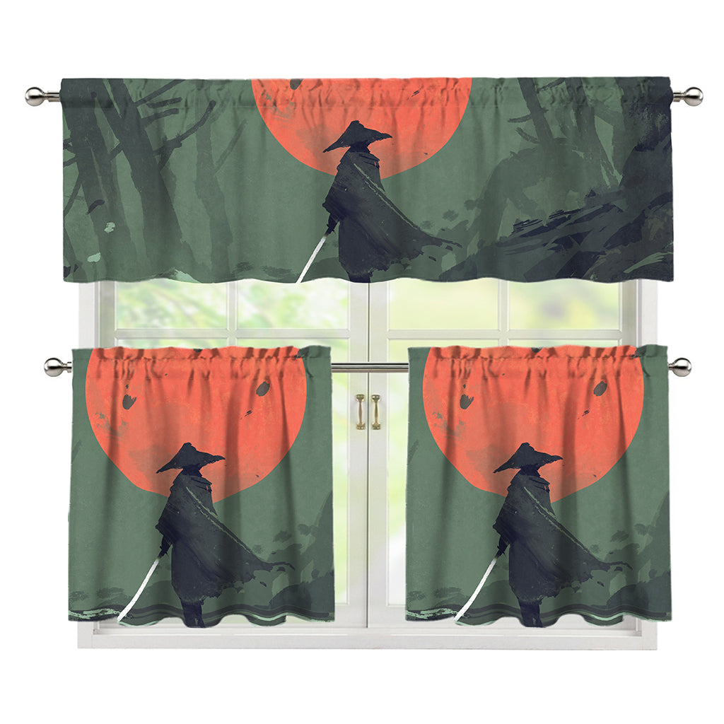 Red Moon Samurai Print 3 Piece Kitchen Curtains