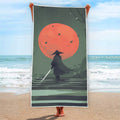Red Moon Samurai Print Beach Towel