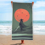 Red Moon Samurai Print Beach Towel