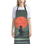 Red Moon Samurai Print Bib Apron With Pocket