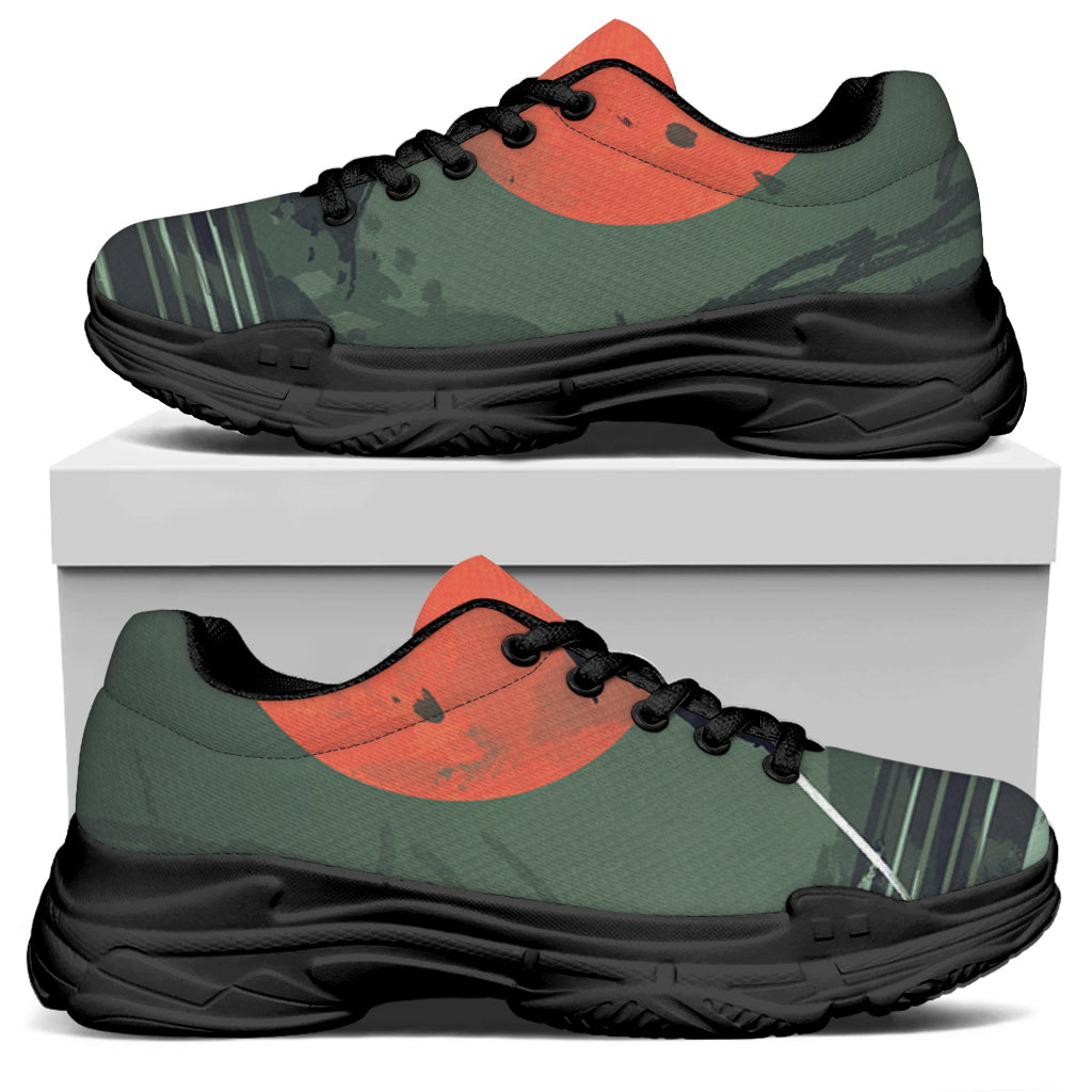 Red Moon Samurai Print Black Chunky Shoes