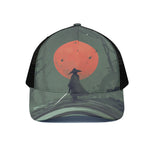 Red Moon Samurai Print Black Mesh Trucker Cap