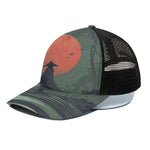 Red Moon Samurai Print Black Mesh Trucker Cap