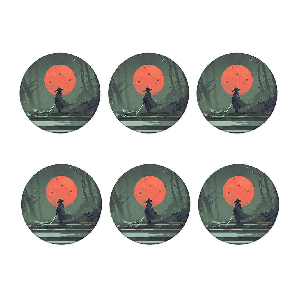 Red Moon Samurai Print Coaster Set