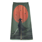 Red Moon Samurai Print Cotton Front Slit Maxi Skirt