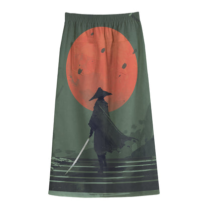 Red Moon Samurai Print Cotton Front Slit Maxi Skirt