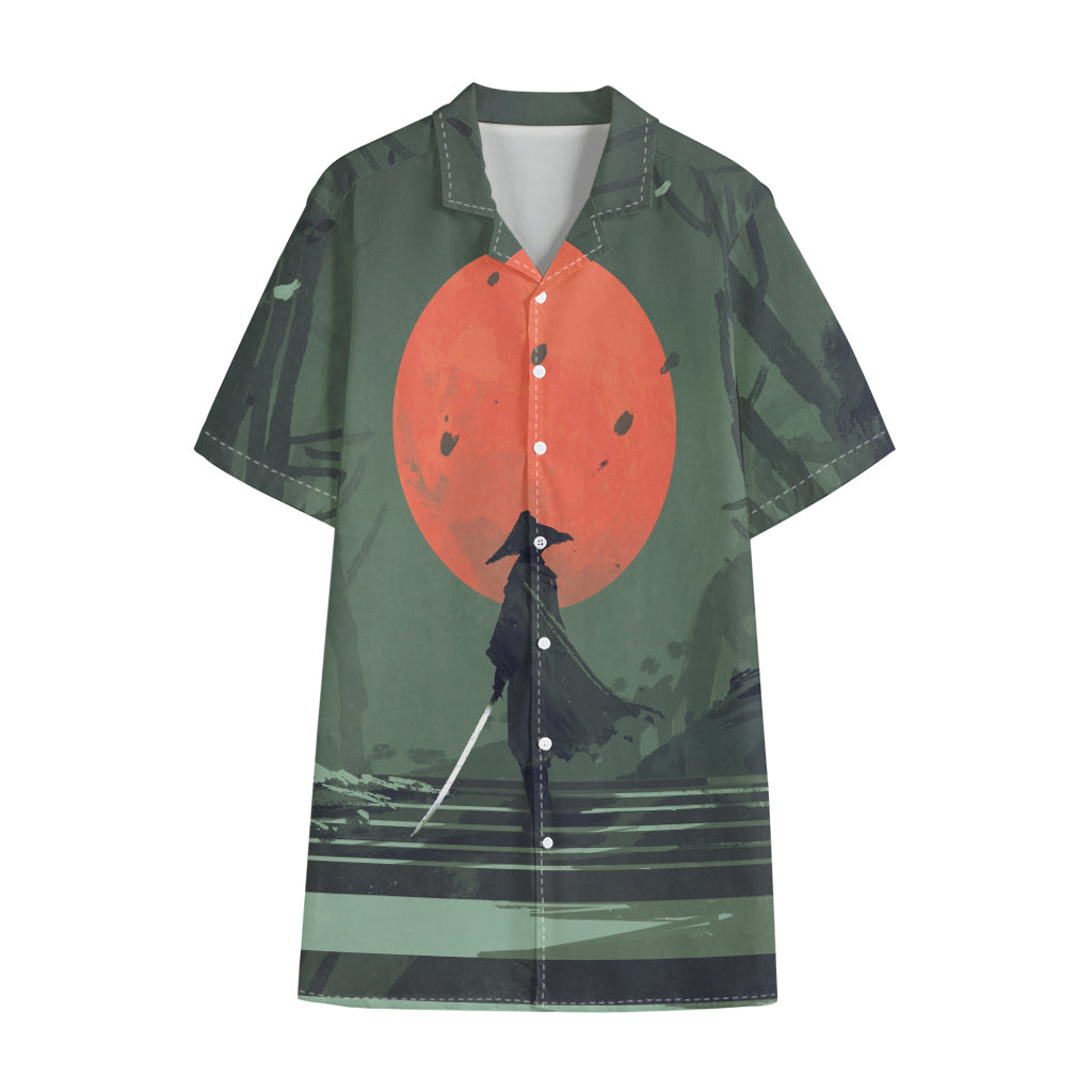 Red Moon Samurai Print Cotton Hawaiian Shirt