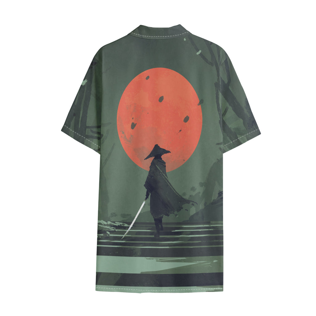Red Moon Samurai Print Cotton Hawaiian Shirt