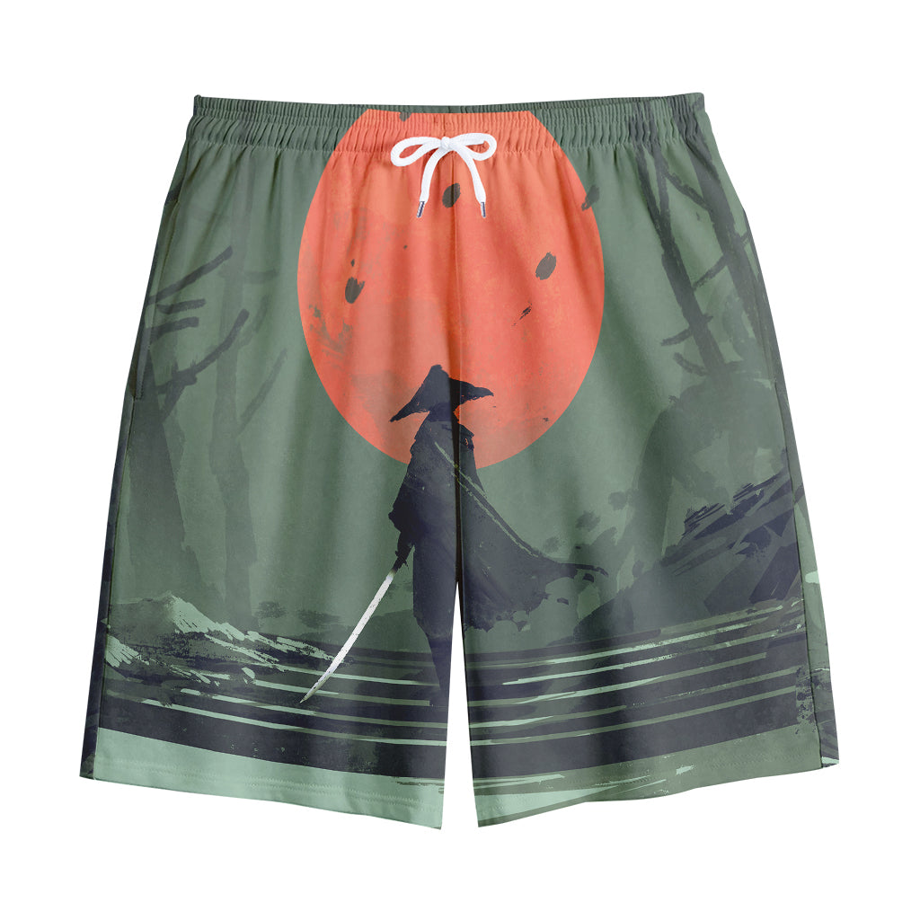 Red Moon Samurai Print Cotton Shorts