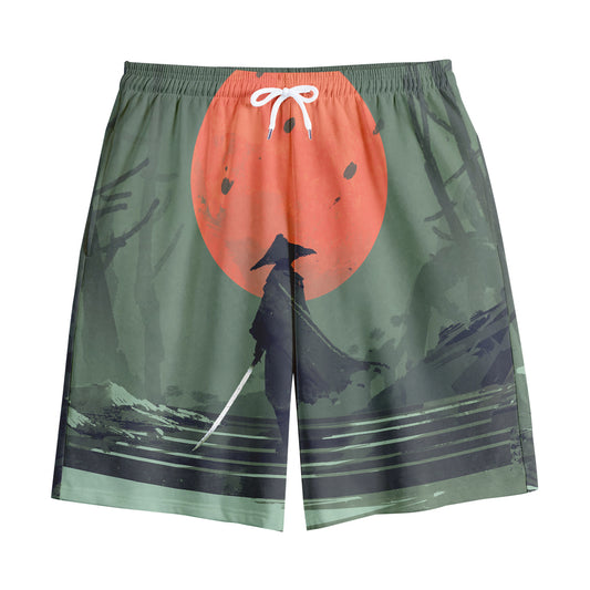 Red Moon Samurai Print Cotton Shorts