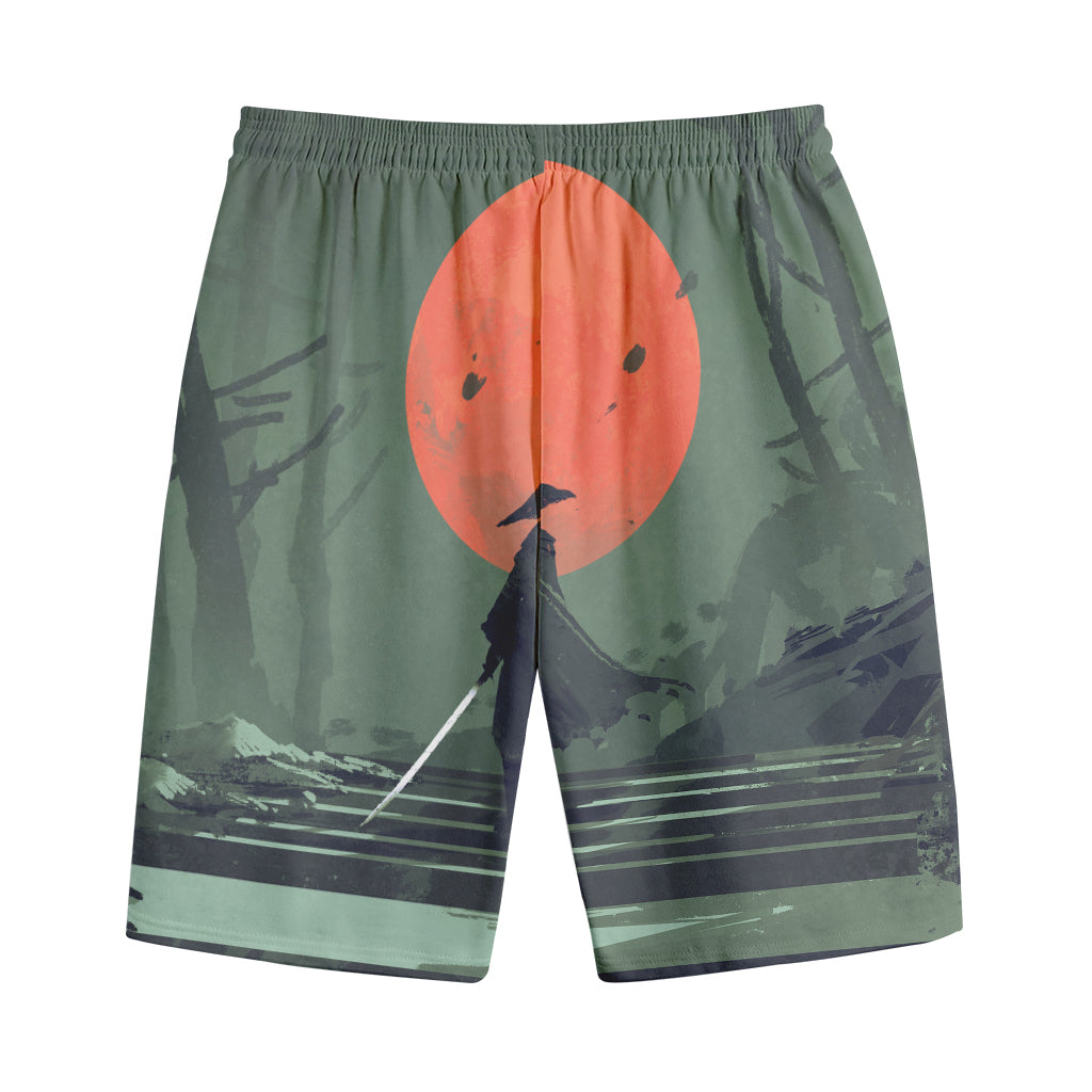 Red Moon Samurai Print Cotton Shorts