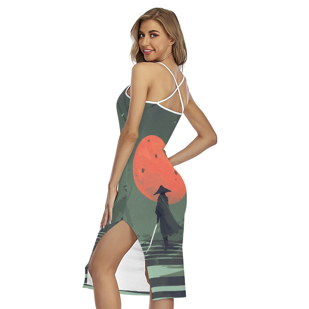 Red Moon Samurai Print Cross Back Cami Dress