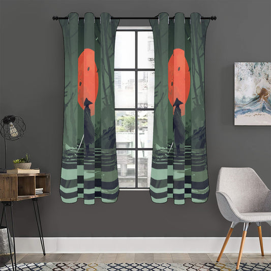 Red Moon Samurai Print Curtain
