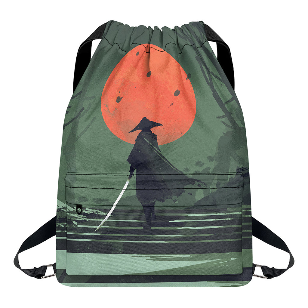 Red Moon Samurai Print Drawstring Backpack