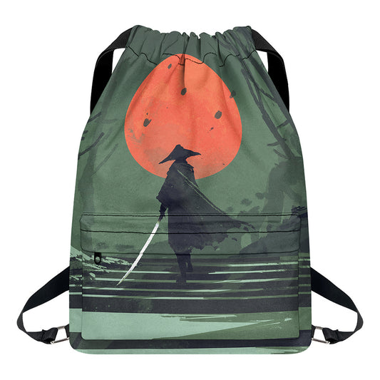 Red Moon Samurai Print Drawstring Backpack