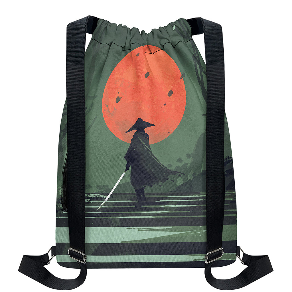 Red Moon Samurai Print Drawstring Backpack