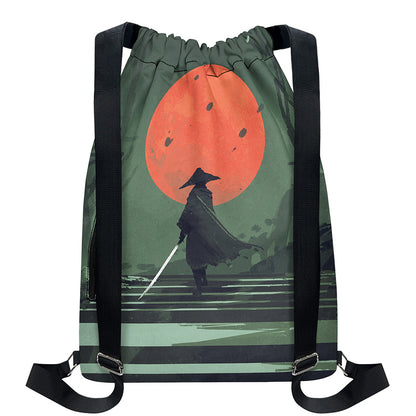 Red Moon Samurai Print Drawstring Backpack
