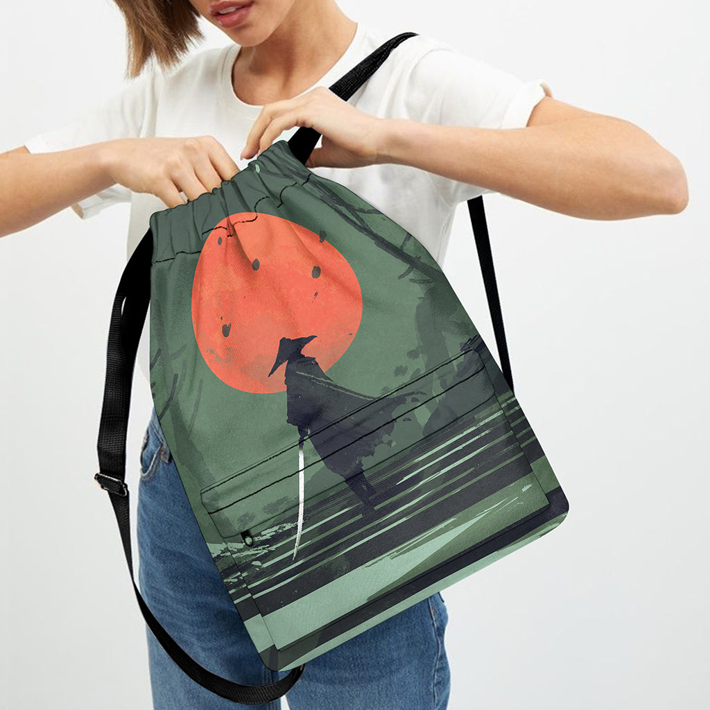 Red Moon Samurai Print Drawstring Backpack