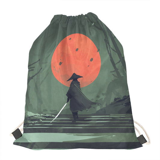 Red Moon Samurai Print Drawstring Bag