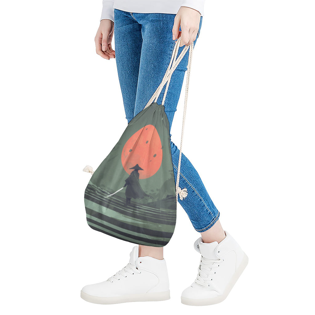 Red Moon Samurai Print Drawstring Bag