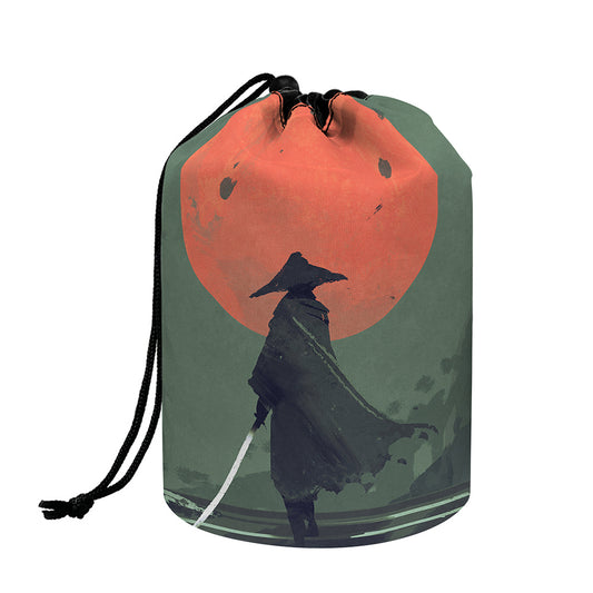Red Moon Samurai Print Drawstring Makeup Bag