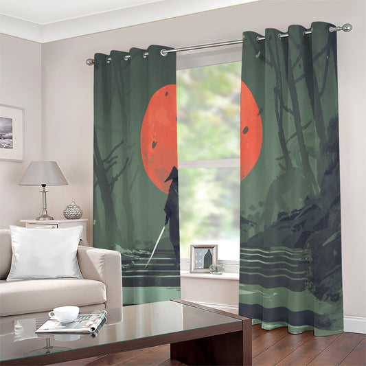 Red Moon Samurai Print Extra Wide Grommet Curtains