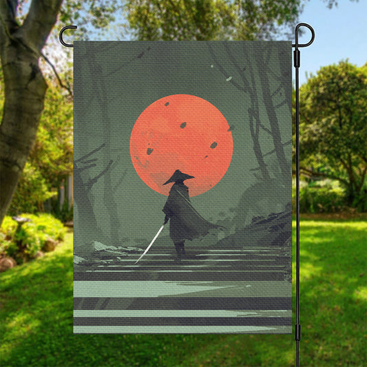 Red Moon Samurai Print Garden Flag