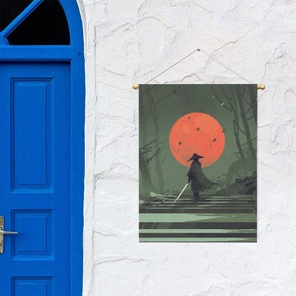 Red Moon Samurai Print Garden Flag