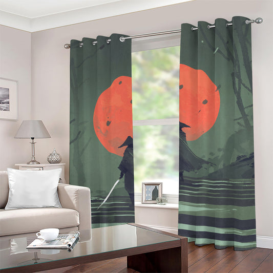 Red Moon Samurai Print Grommet Curtains
