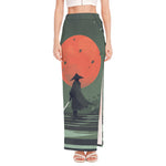 Red Moon Samurai Print High Slit Maxi Skirt